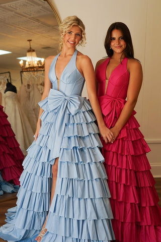 Blue Halter Neck A-Line Tiered Long Corset Prom Dress with Slit