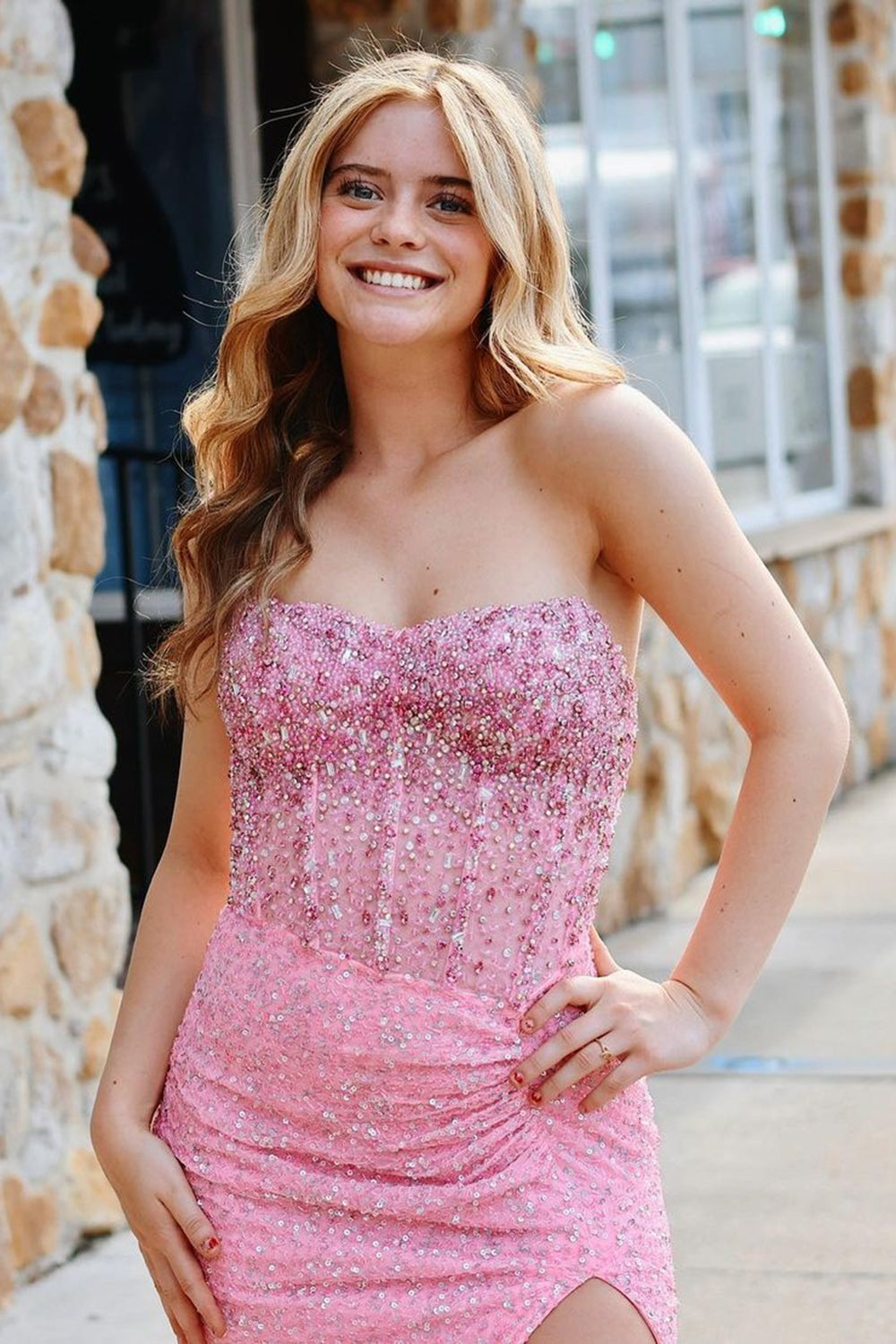 Sparkly Pink Strapless Sequins Mermaid Long Corset Prom Dress with Slit