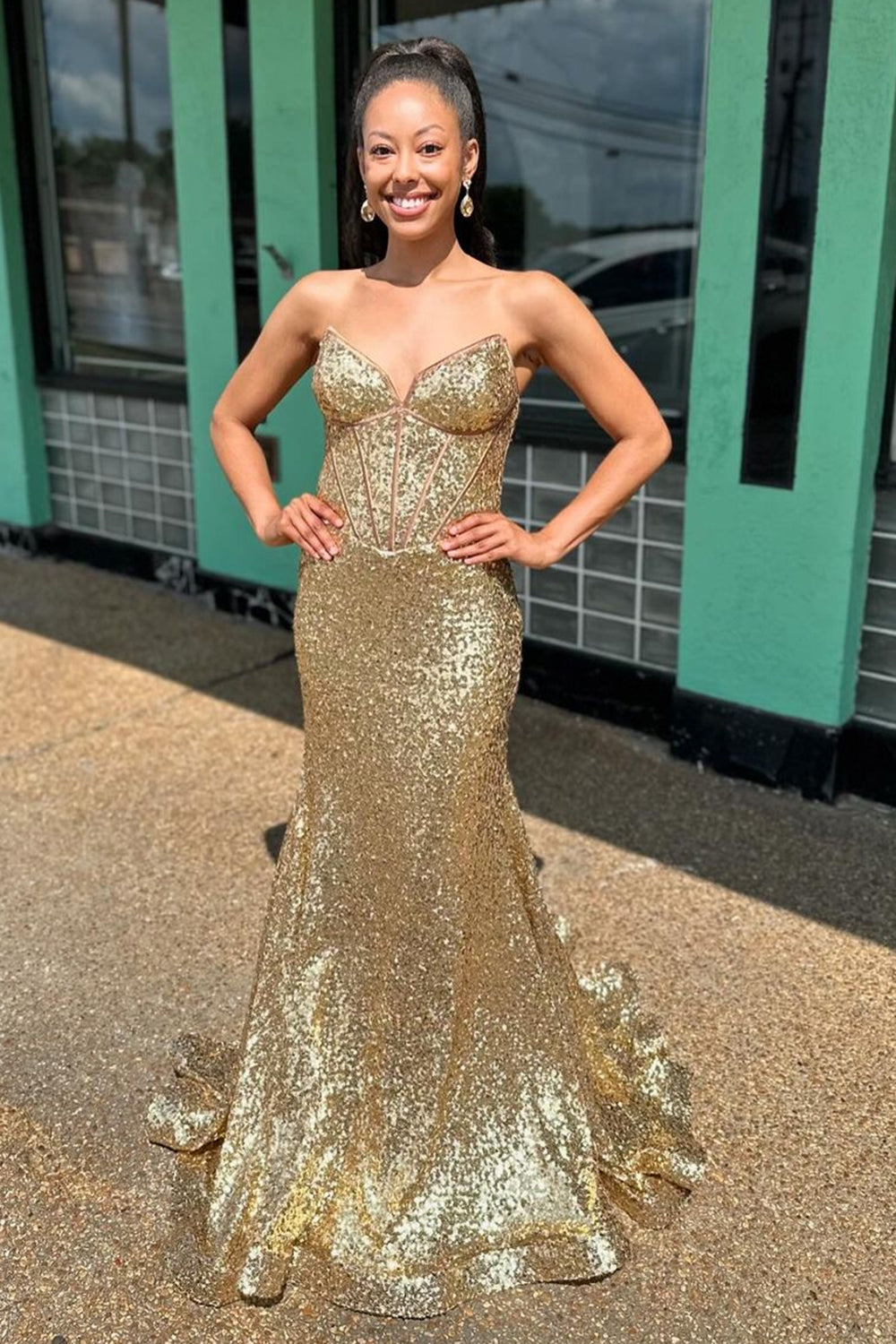 Sparkly Golden Strapless Mermaid Sequins Long Corset Prom Dress 