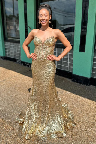 Sparkly Golden Strapless Mermaid Sequins Long Corset Prom Dress 