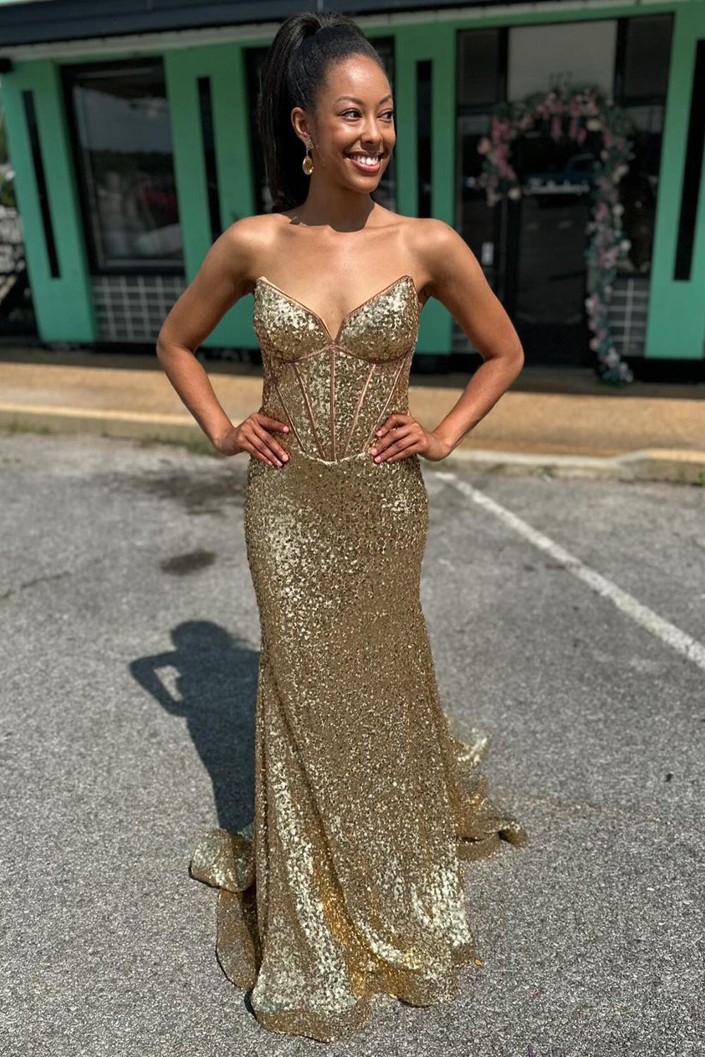 Sparkly Golden Strapless Mermaid Sequins Long Corset Prom Dress 
