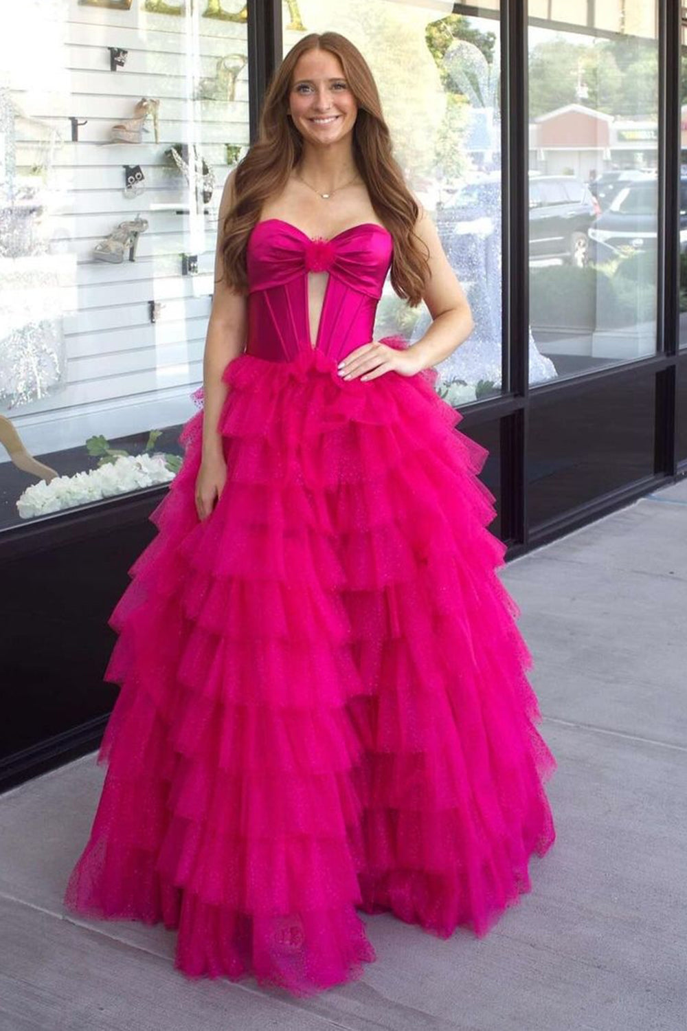 Black Sweetheart A-Line Tulle Tiered Long Corset Prom Dress with Slit