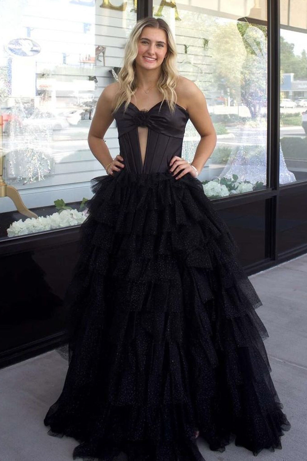 Black Sweetheart A-Line Tulle Tiered Long Corset Prom Dress with Slit