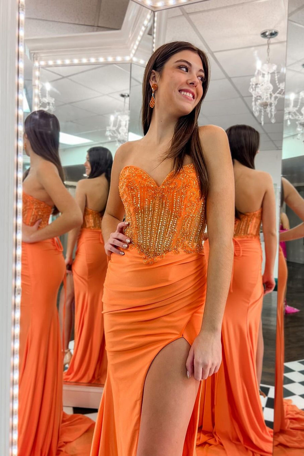 Orange Sweetheart Mermaid Satin Long Corset Prom Dress with Beading