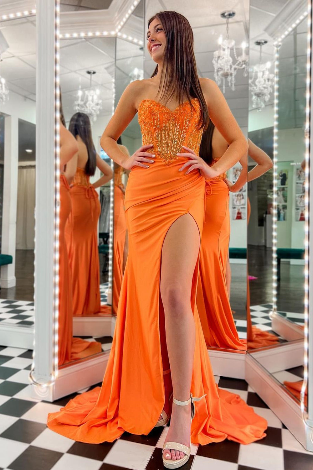 Orange Sweetheart Mermaid Satin Long Corset Prom Dress with Beading