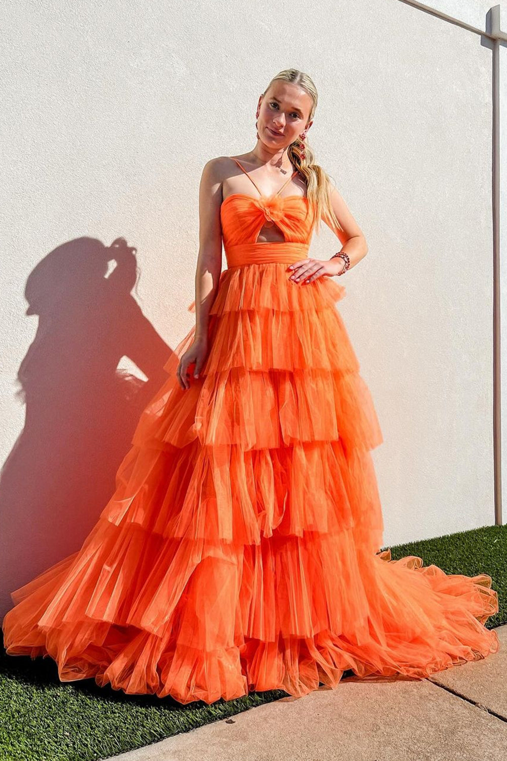 Orange Halter Neck A-Line Tulle Tiered Long Prom Dress