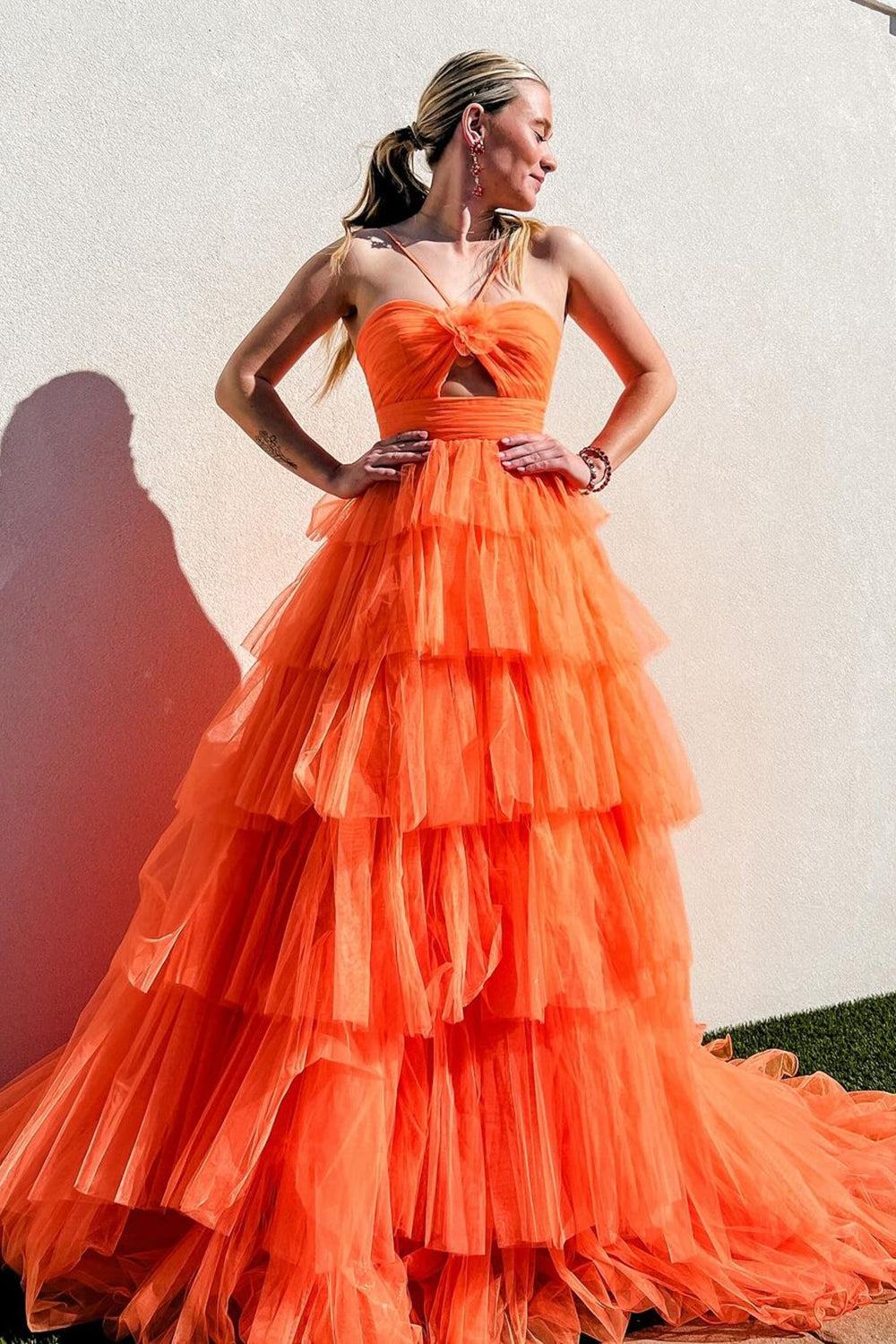 Orange Halter Neck A-Line Tulle Tiered Long Prom Dress