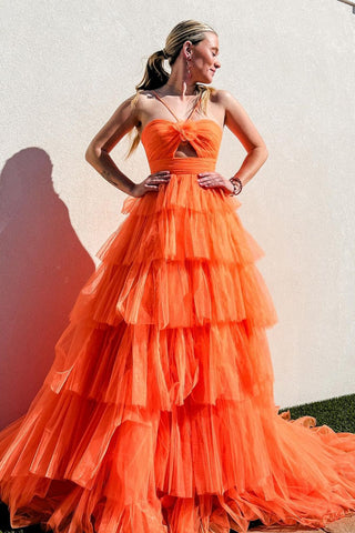 Orange Halter Neck A-Line Tulle Tiered Long Prom Dress