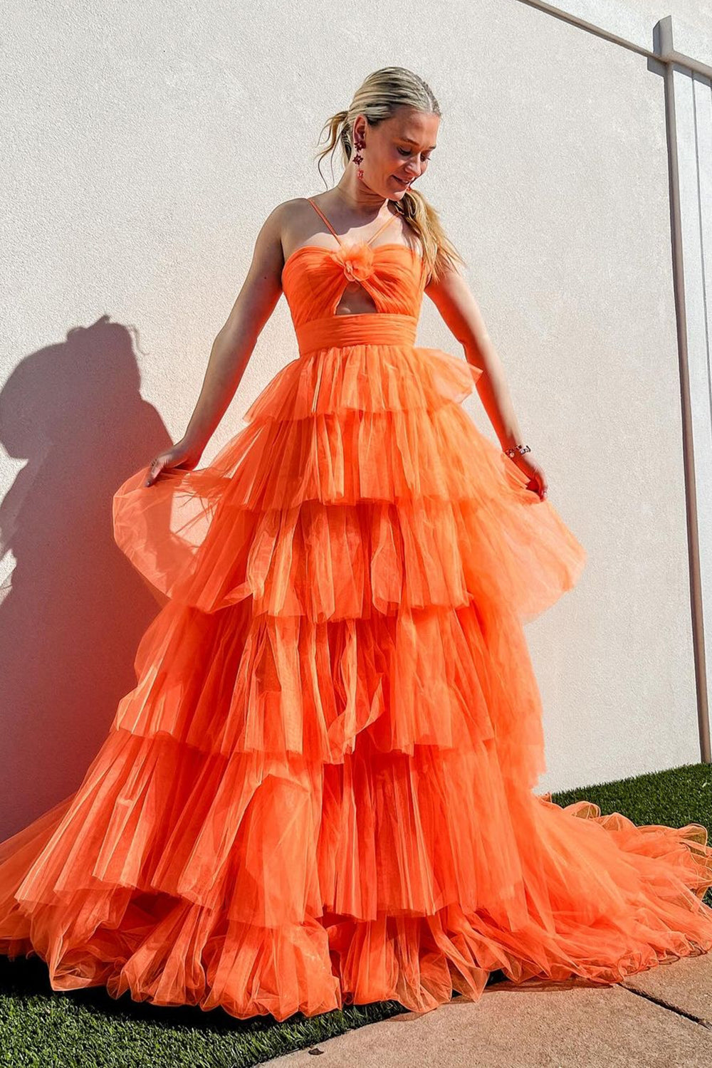 Orange Halter Neck A-Line Tulle Tiered Long Prom Dress