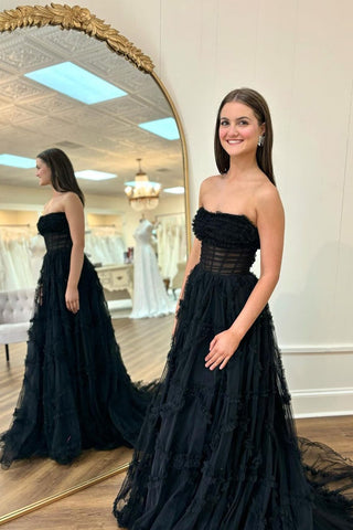 Black Strapless A-Line Tulle Long Corset Prom Dress 