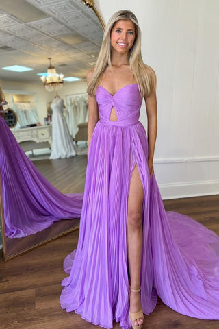 Purple Sweetheart A-Line Chiffon Pleated Long Prom Dress with Slit