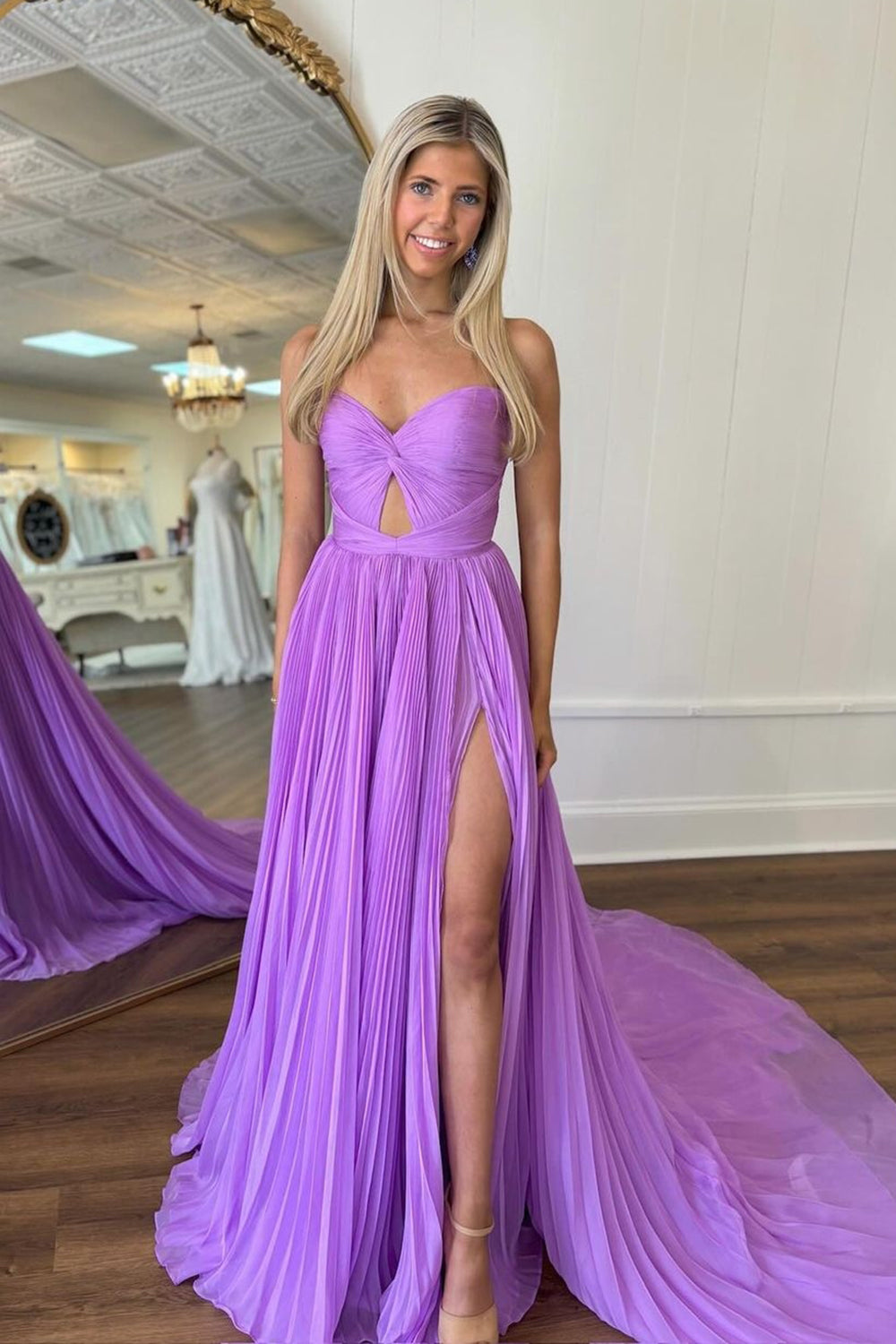 Purple Sweetheart A-Line Chiffon Pleated Long Prom Dress with Slit