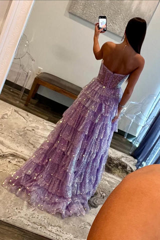 Sparkly Purple Sweetheart A-Line Tulle Tiered Long Corset Prom Dress