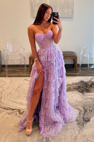 Sparkly Purple Sweetheart A-Line Tulle Tiered Long Corset Prom Dress