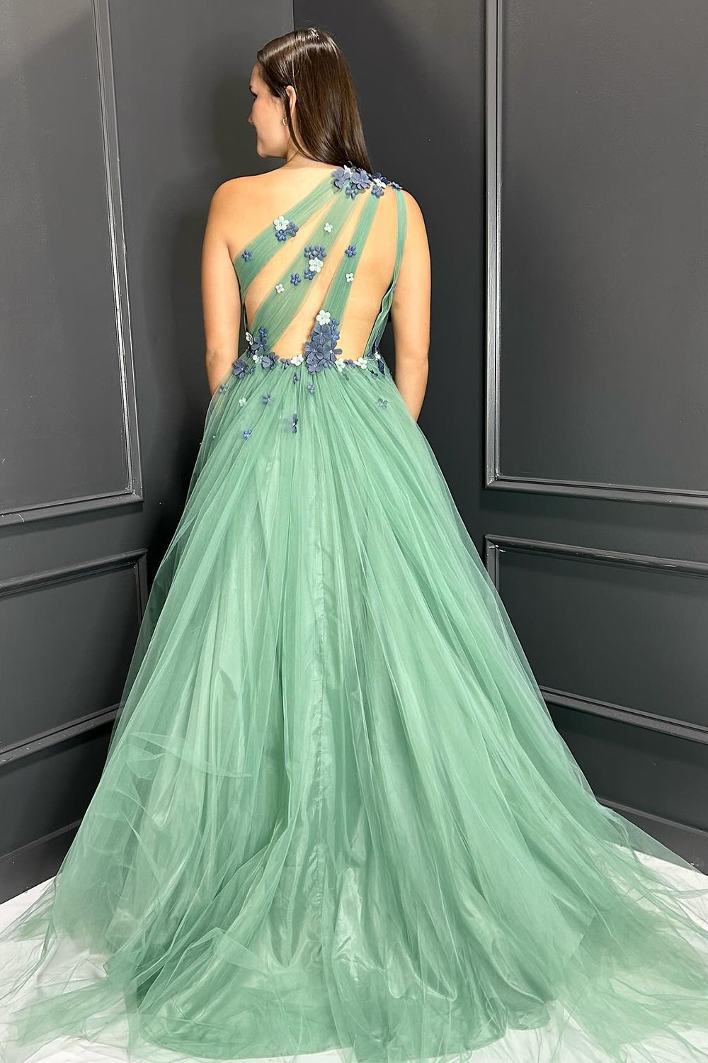 Green One Shoulder A-Line Tulle Long Prom Dress with 3D Flowers