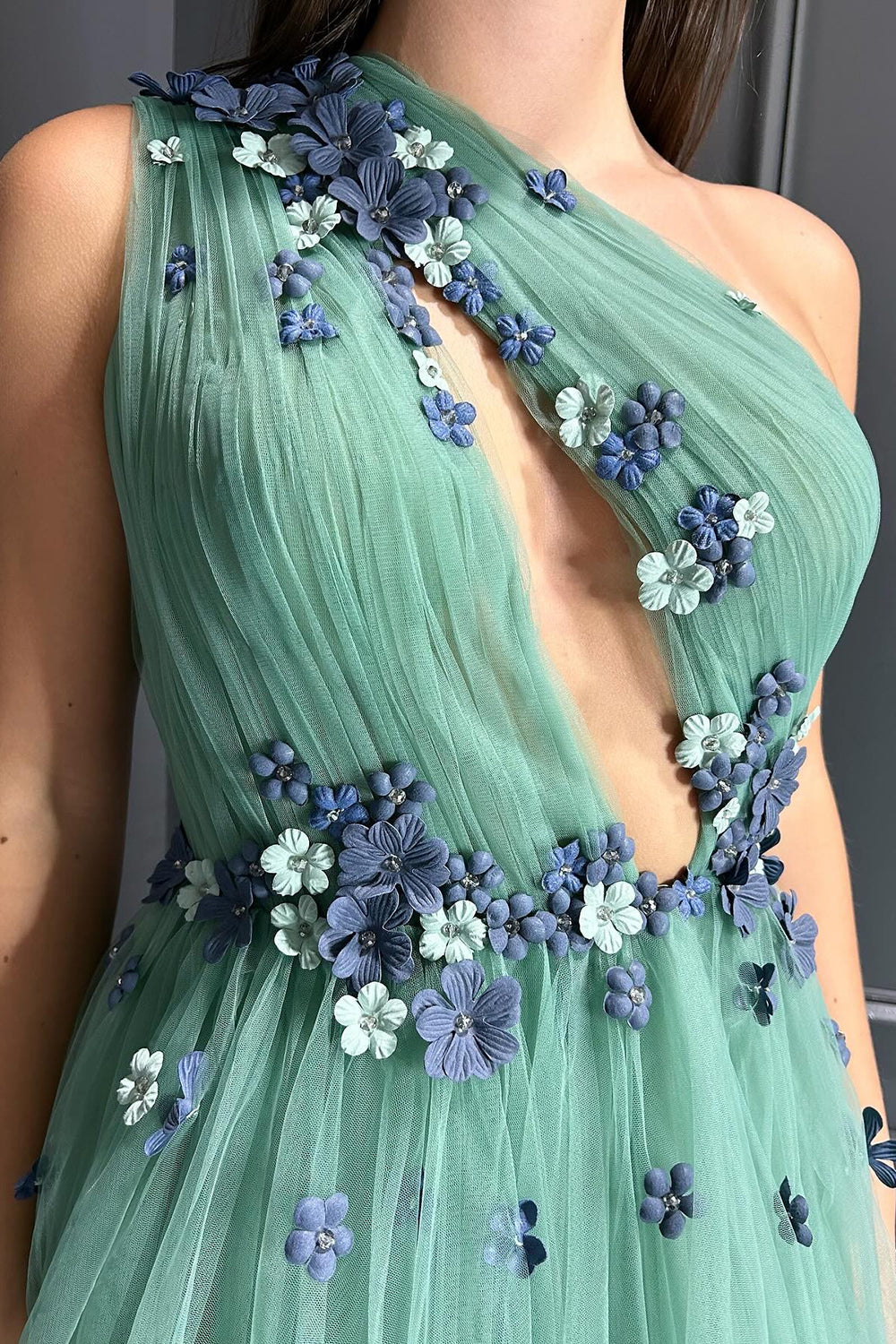 Green One Shoulder A-Line Tulle Long Prom Dress with 3D Flowers