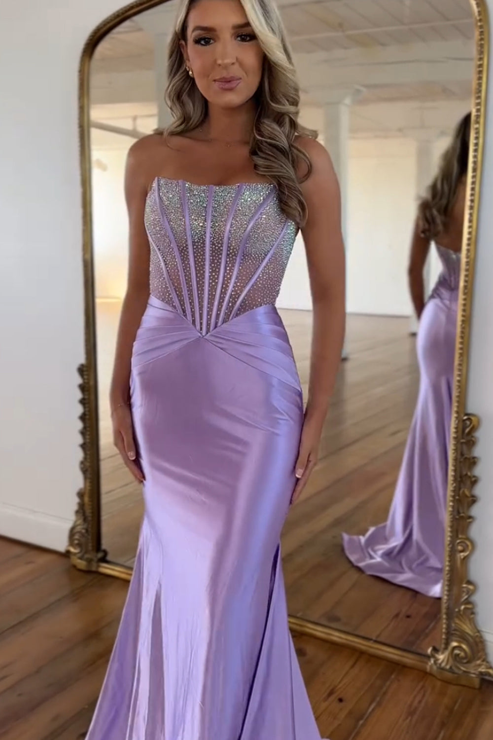 Purple Strapless Mermaid Satin Long Corset Prom Dress with Beading