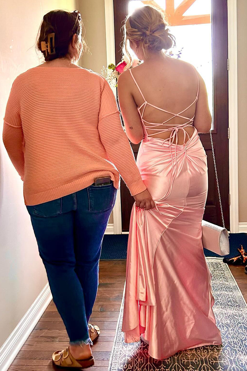 Pink Spaghetti Straps Meramid Satin Long Prom Dress with Open Back