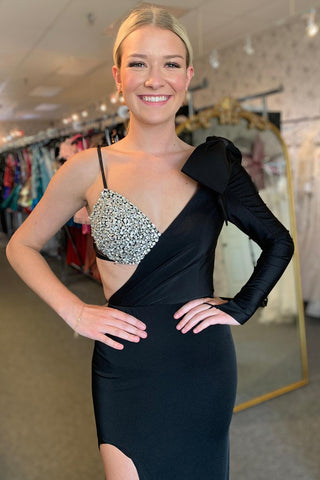 Black Meramid One Sleeves Mermaid Long Prom Dress with Beading