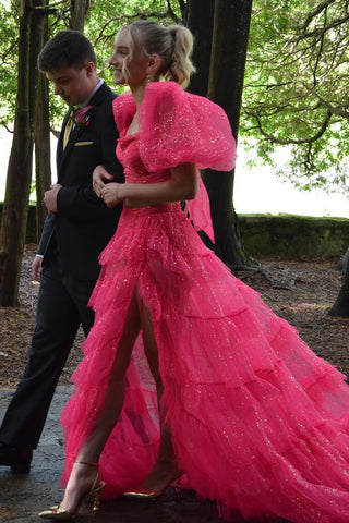 Fuchsia A-Line Tulle Tiered Square Neck Puff Sleeves Long Prom Dress with Slit