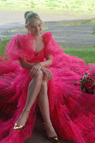 Fuchsia A-Line Tulle Tiered Square Neck Puff Sleeves Long Prom Dress with Slit