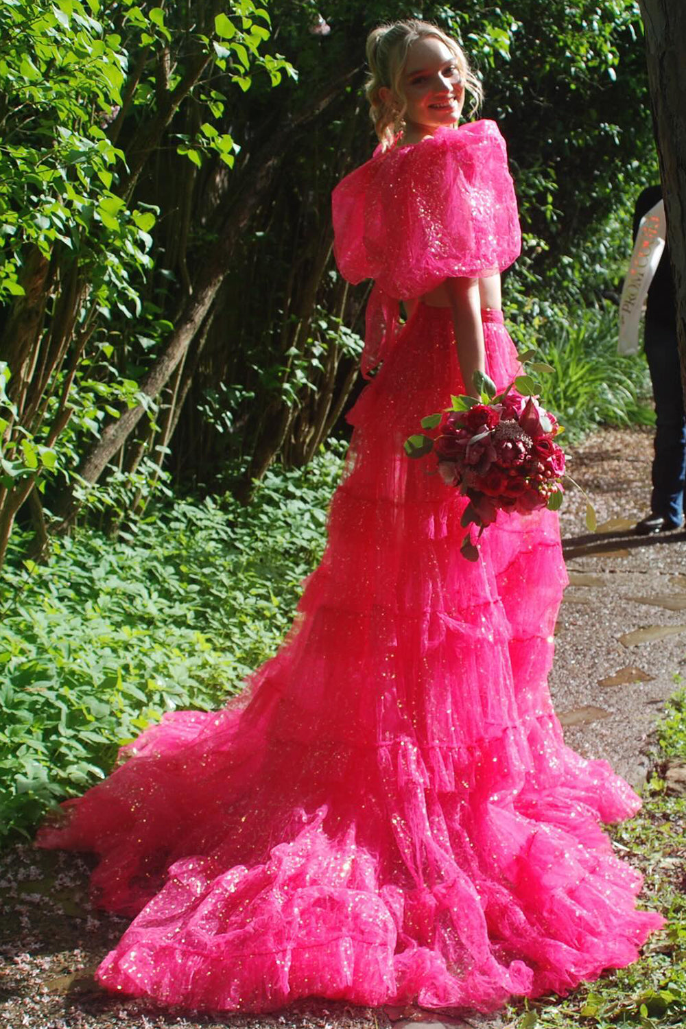 Fuchsia A-Line Tulle Tiered Square Neck Puff Sleeves Long Prom Dress with Slit