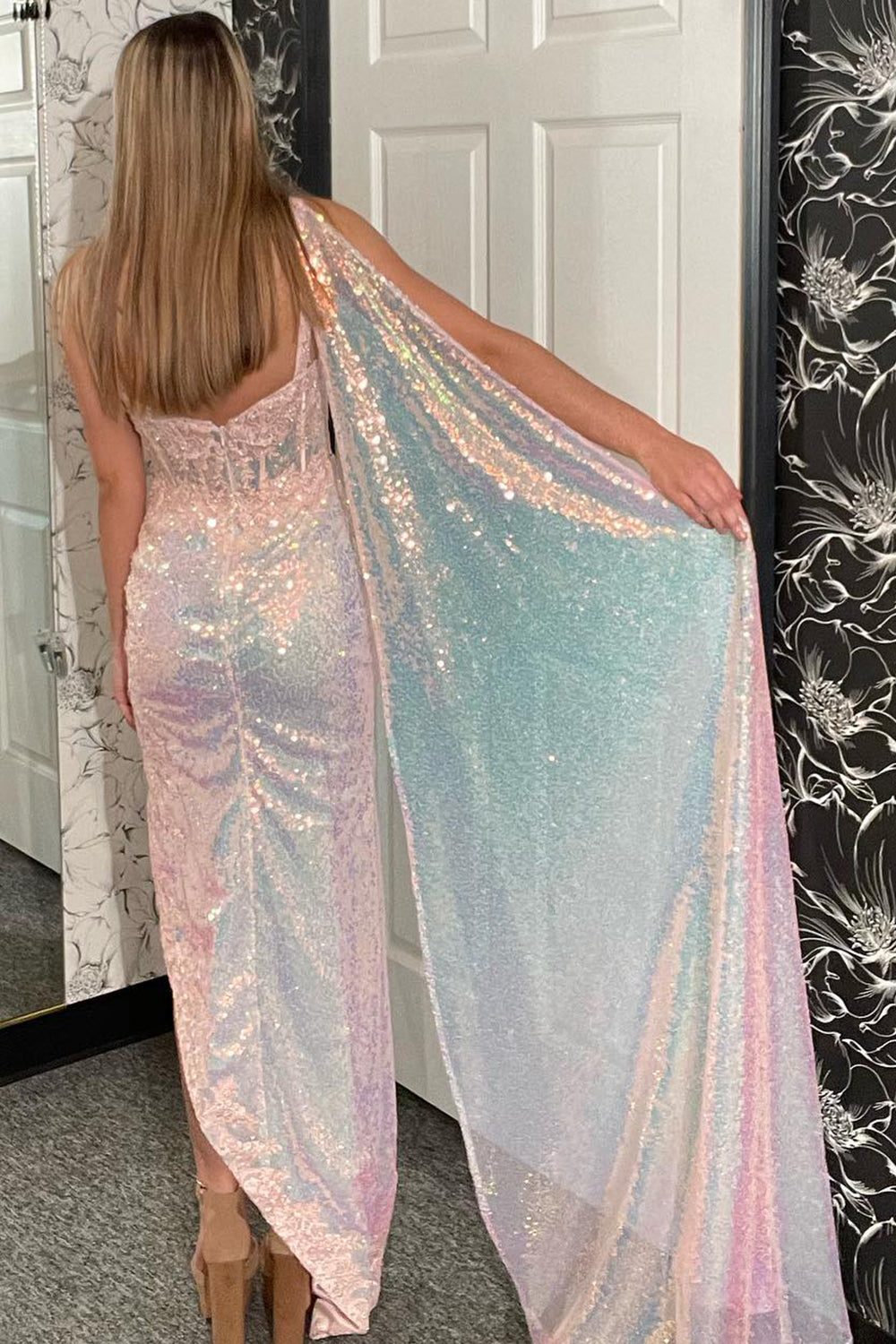 Light Pink One Shoulder Cape Meramid Sequins Long Corset Prom Dress with Appliques