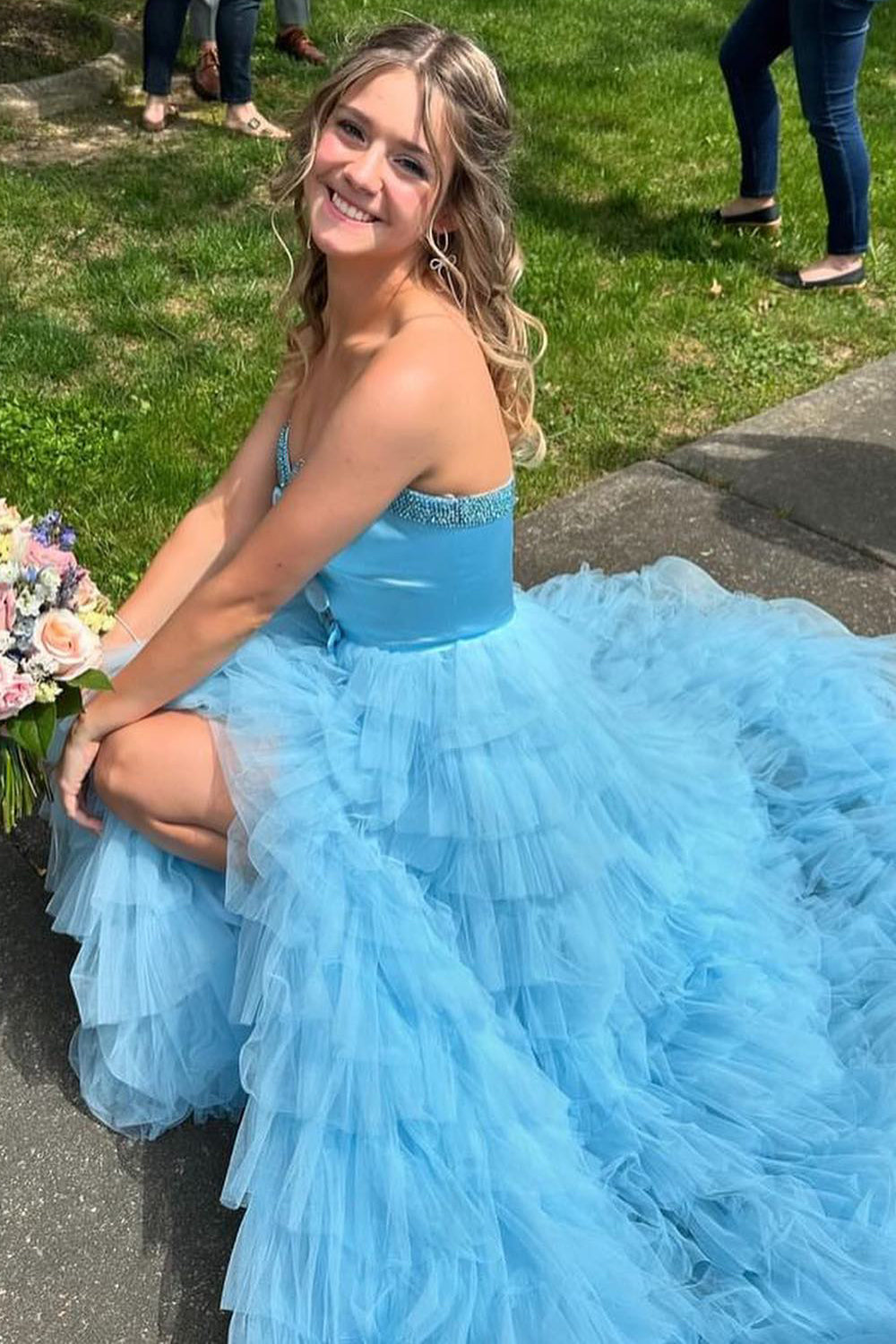 Light Blue Sweetheart A-Line Tulle Tiered Long Prom Dress with Bows