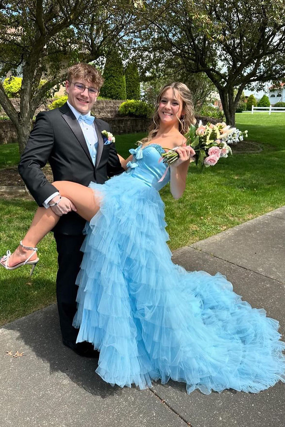 Light Blue Sweetheart A-Line Tulle Tiered Long Prom Dress with Bows