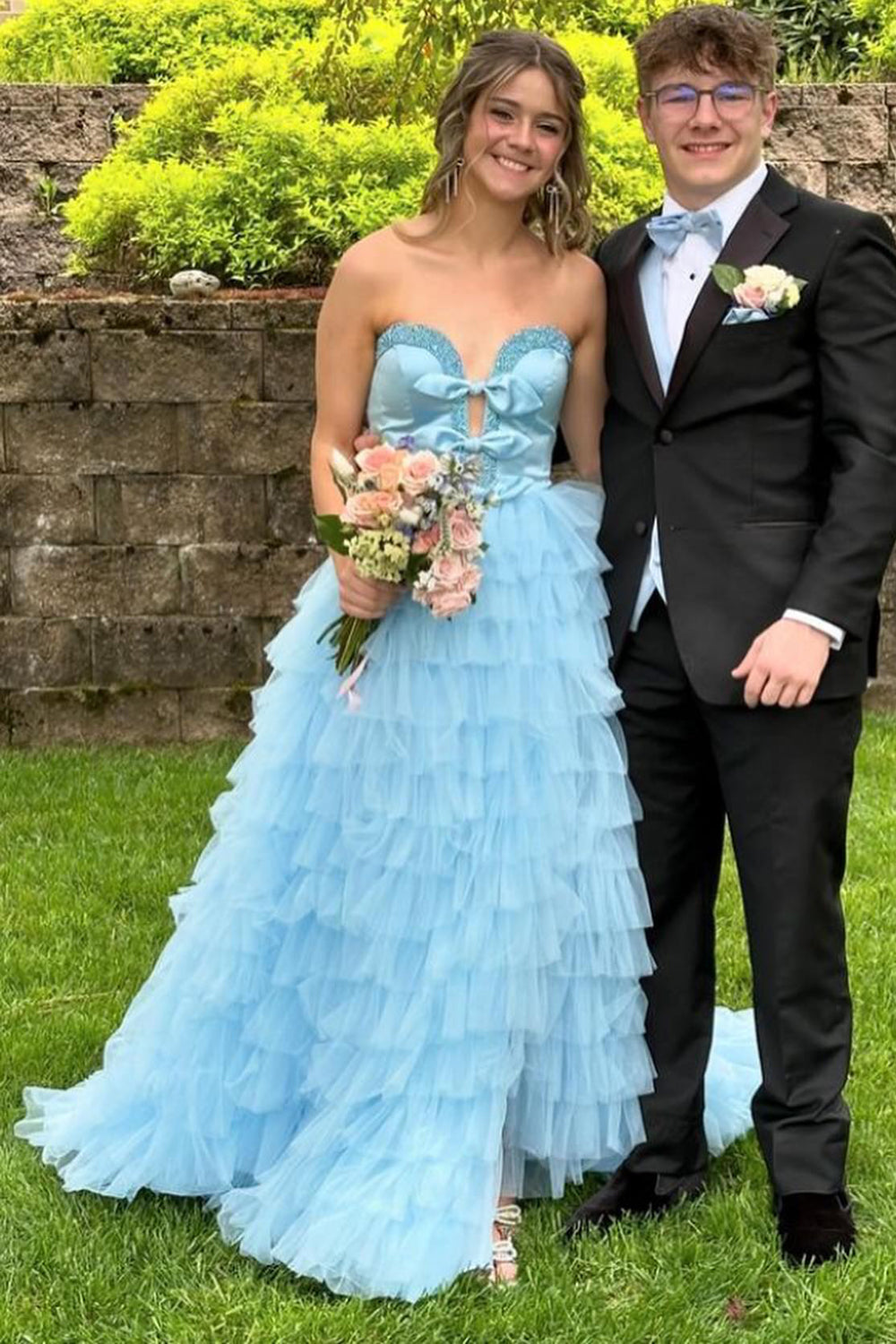 Light Blue Sweetheart A-Line Tulle Tiered Long Prom Dress with Bows