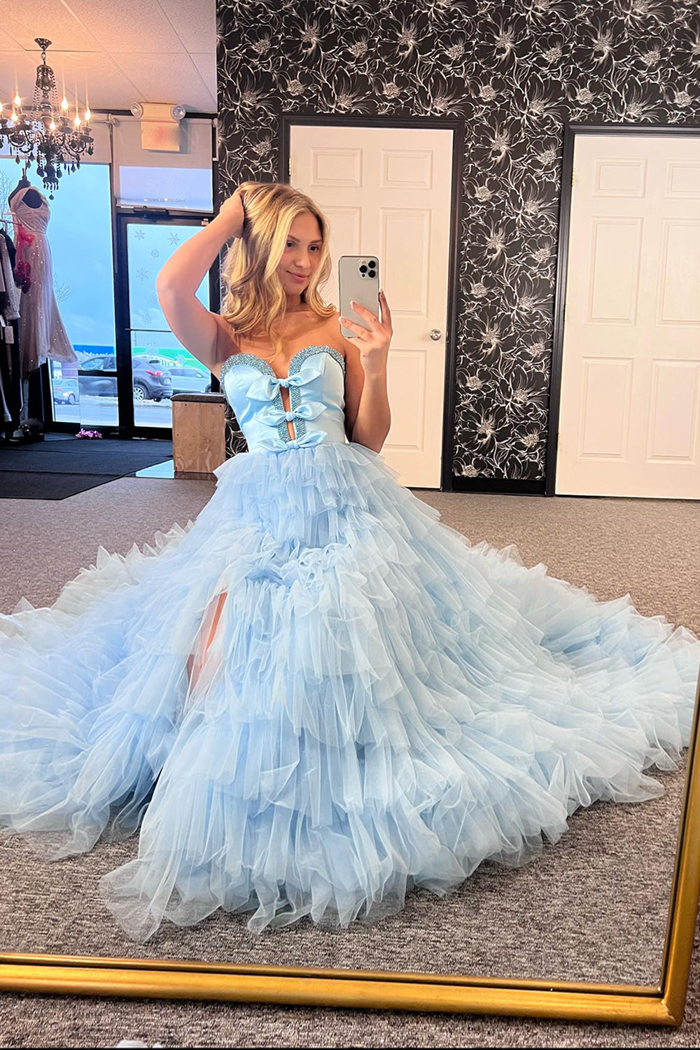 Light Blue Sweetheart A-Line Tulle Tiered Long Prom Dress with Bows
