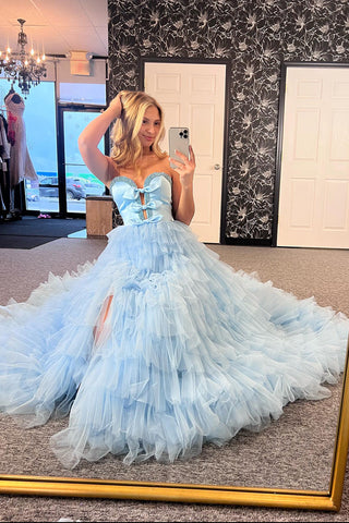 Light Blue Sweetheart A-Line Tulle Tiered Long Prom Dress with Bows