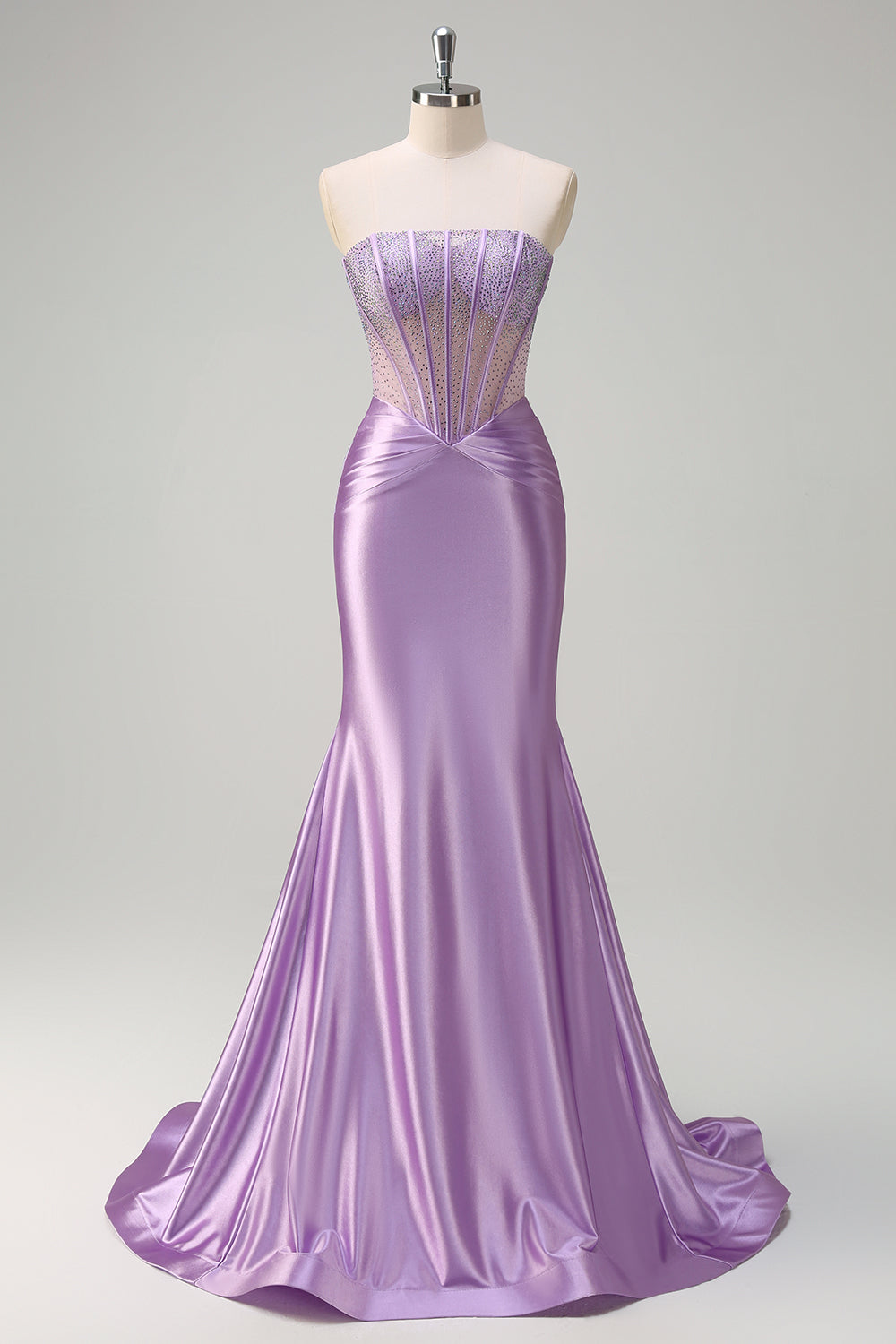 Purple Strapless Mermaid Satin Long Corset Prom Dress with Beading