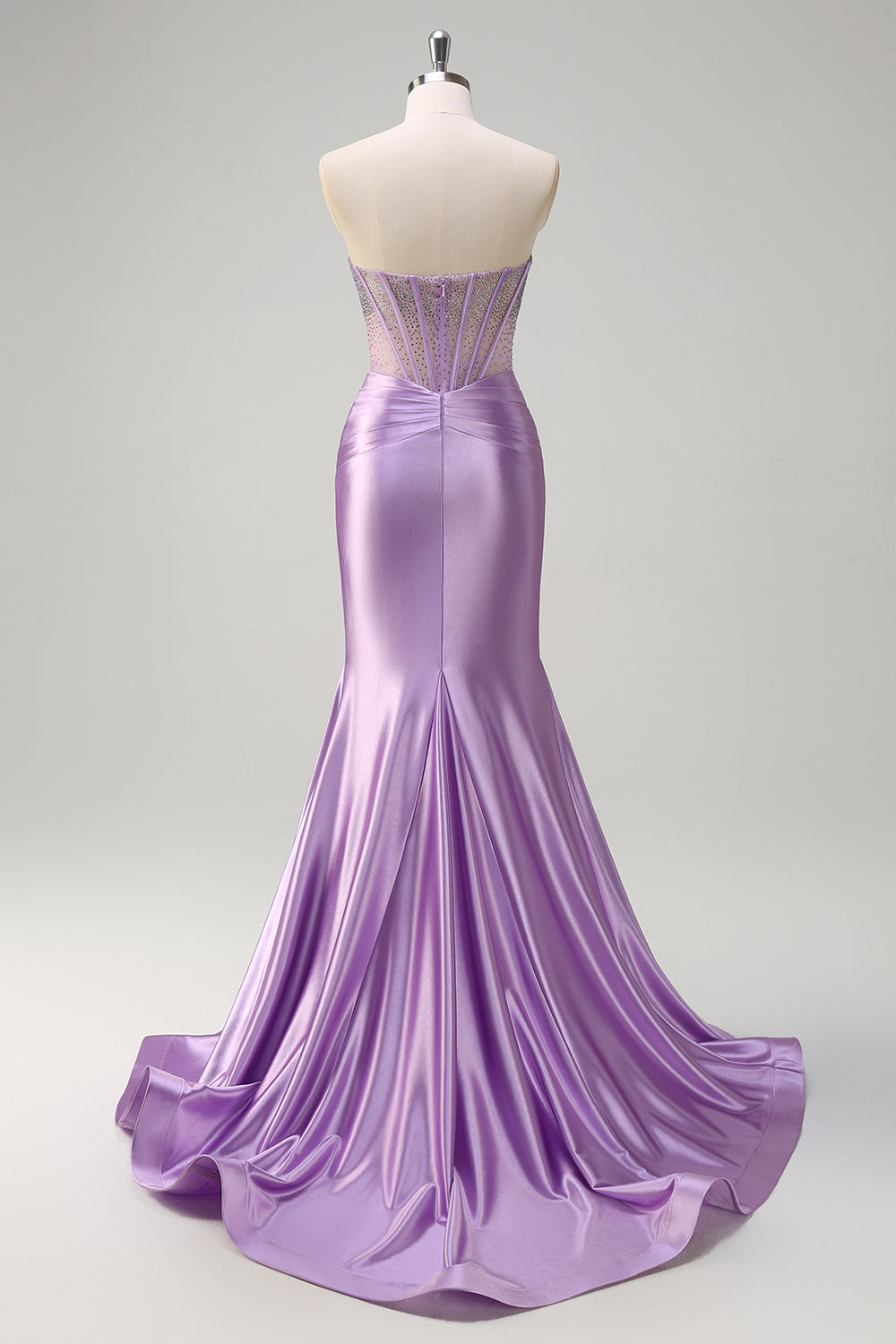 Purple Strapless Mermaid Satin Long Corset Prom Dress with Beading