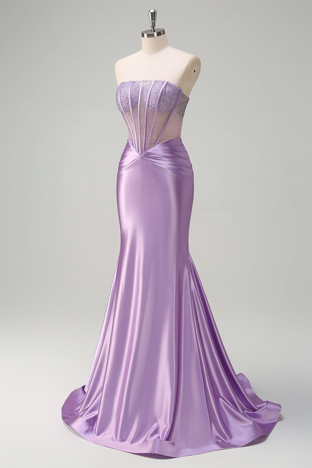 Purple Strapless Mermaid Satin Long Corset Prom Dress with Beading