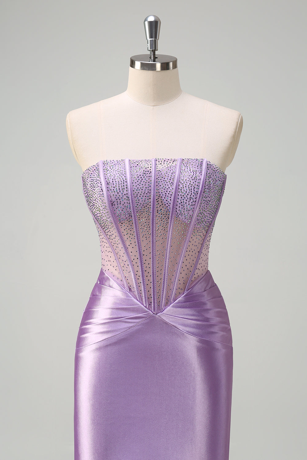 Purple Strapless Mermaid Satin Long Corset Prom Dress with Beading
