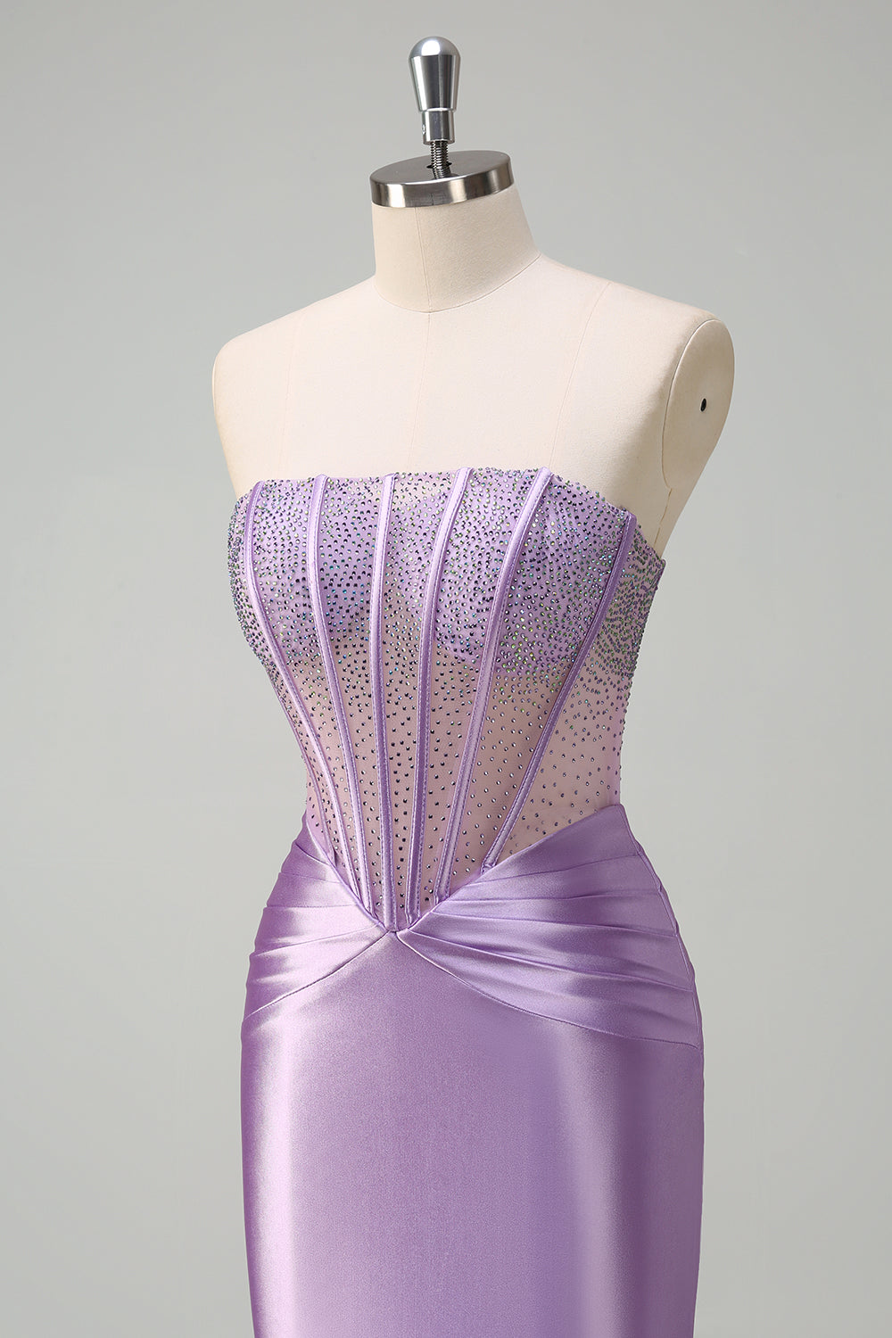 Purple Strapless Mermaid Satin Long Corset Prom Dress with Beading