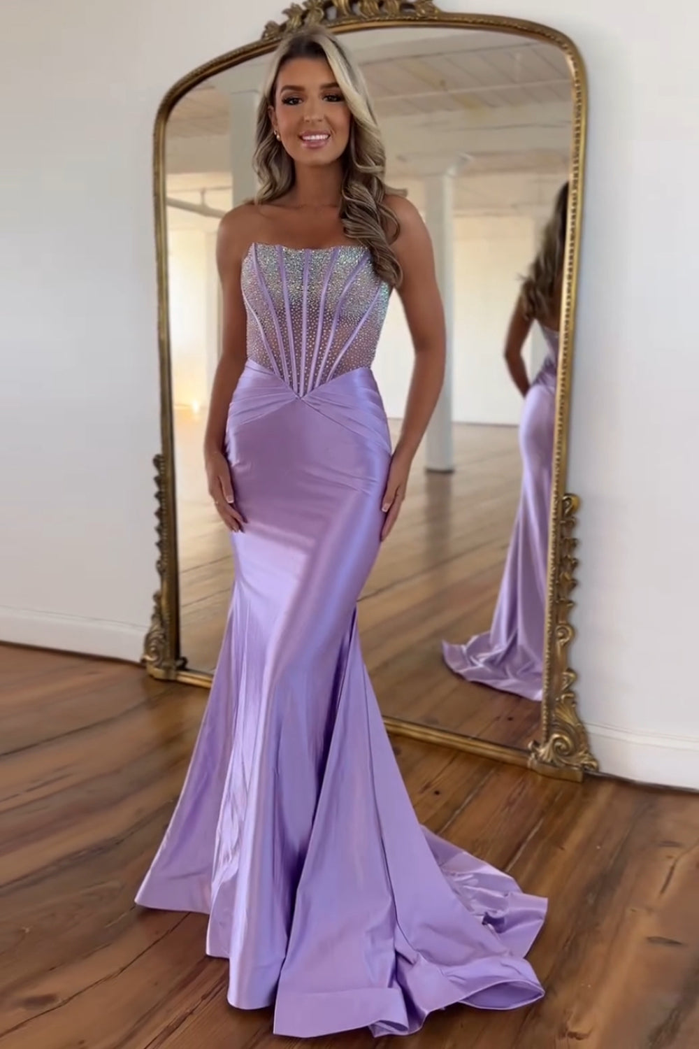 Purple Strapless Mermaid Satin Long Corset Prom Dress with Beading