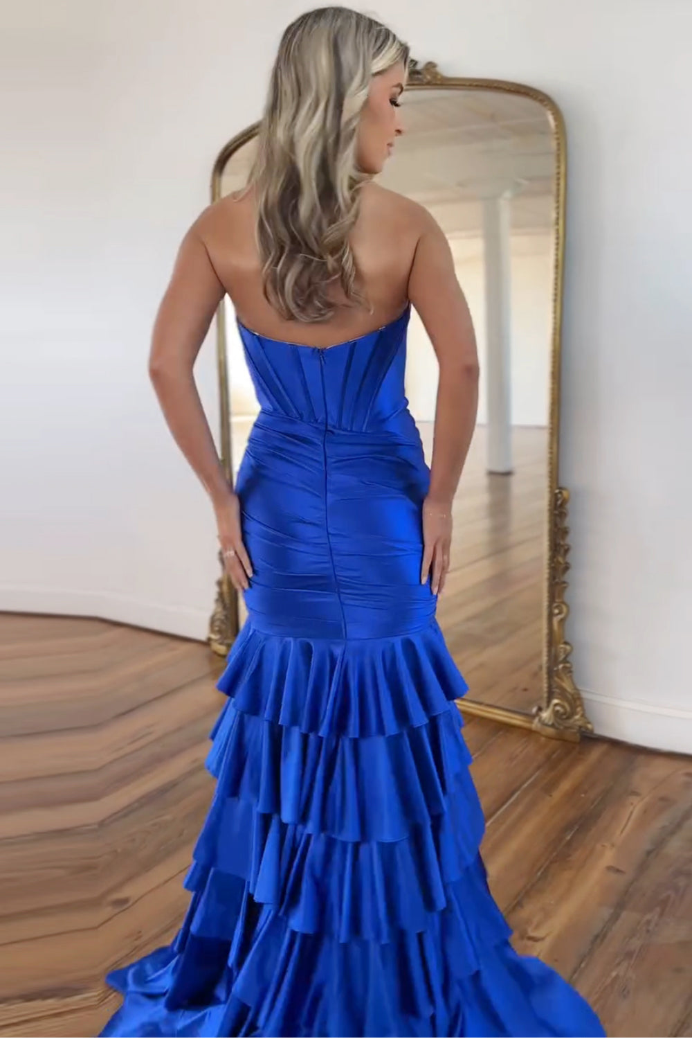 Royal Blue Sweetheart Mermaid Satin Tiered Long Corset Prom Dress with Slit