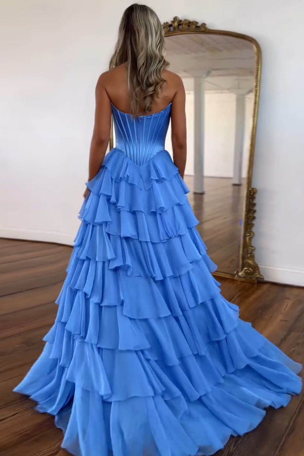 Blue A-Line Sweetheart Chiffon Ruffled Long Corset Prom Dress with Slit