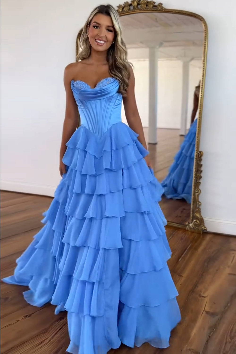 Blue A-Line Sweetheart Chiffon Ruffled Long Corset Prom Dress with Slit