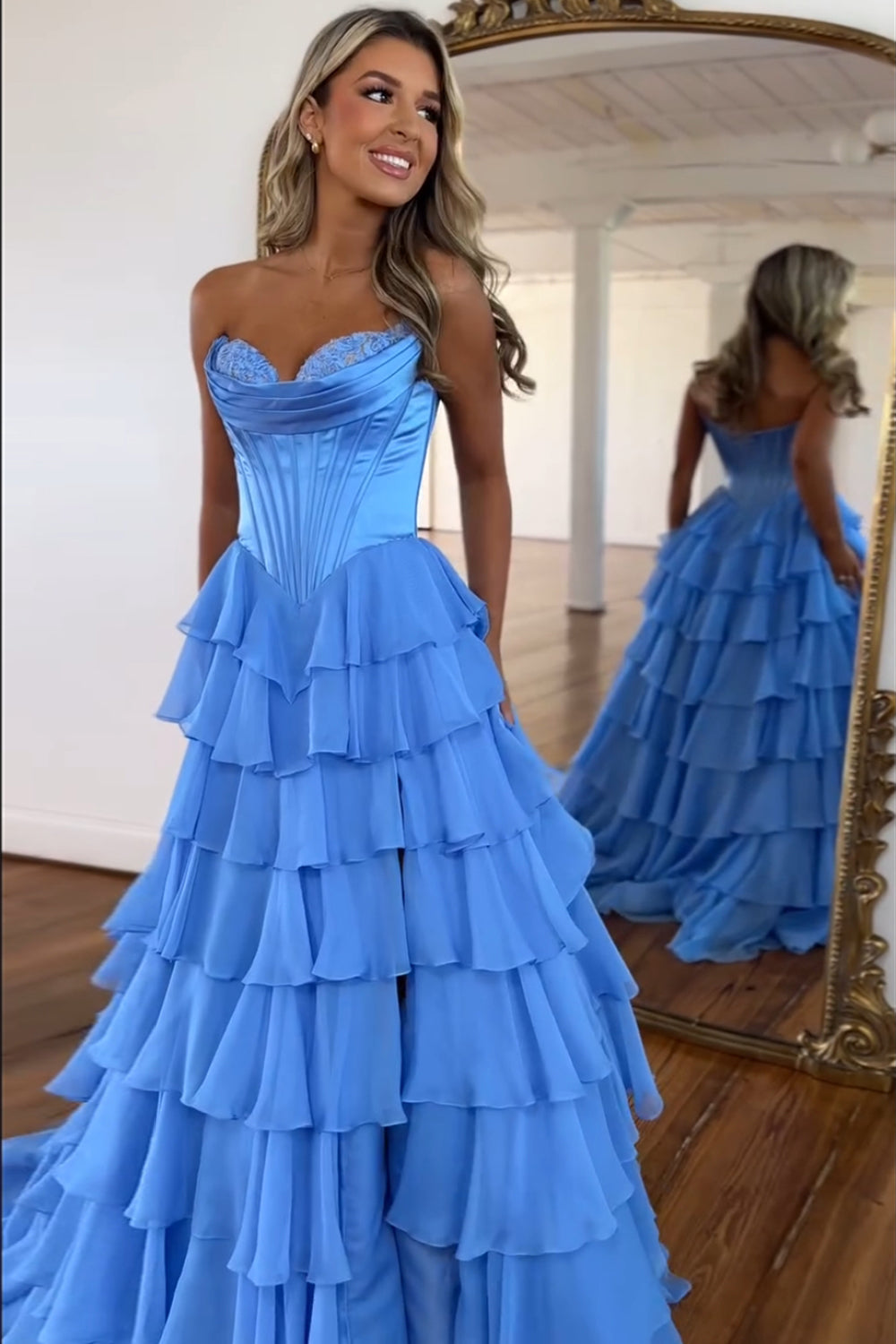 Blue A-Line Sweetheart Chiffon Ruffled Long Corset Prom Dress with Slit