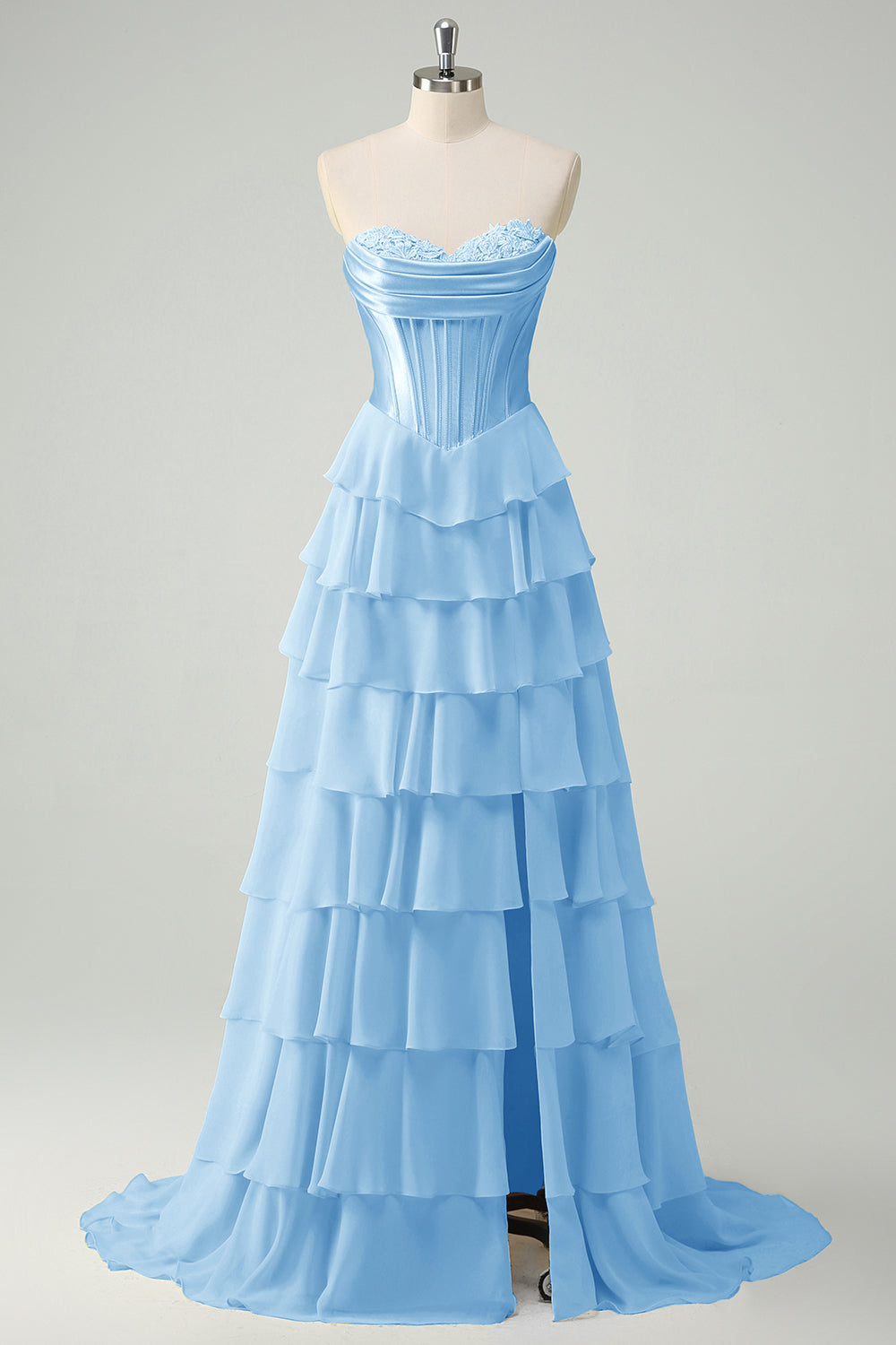 Blue A-Line Sweetheart Chiffon Ruffled Long Corset Prom Dress with Slit