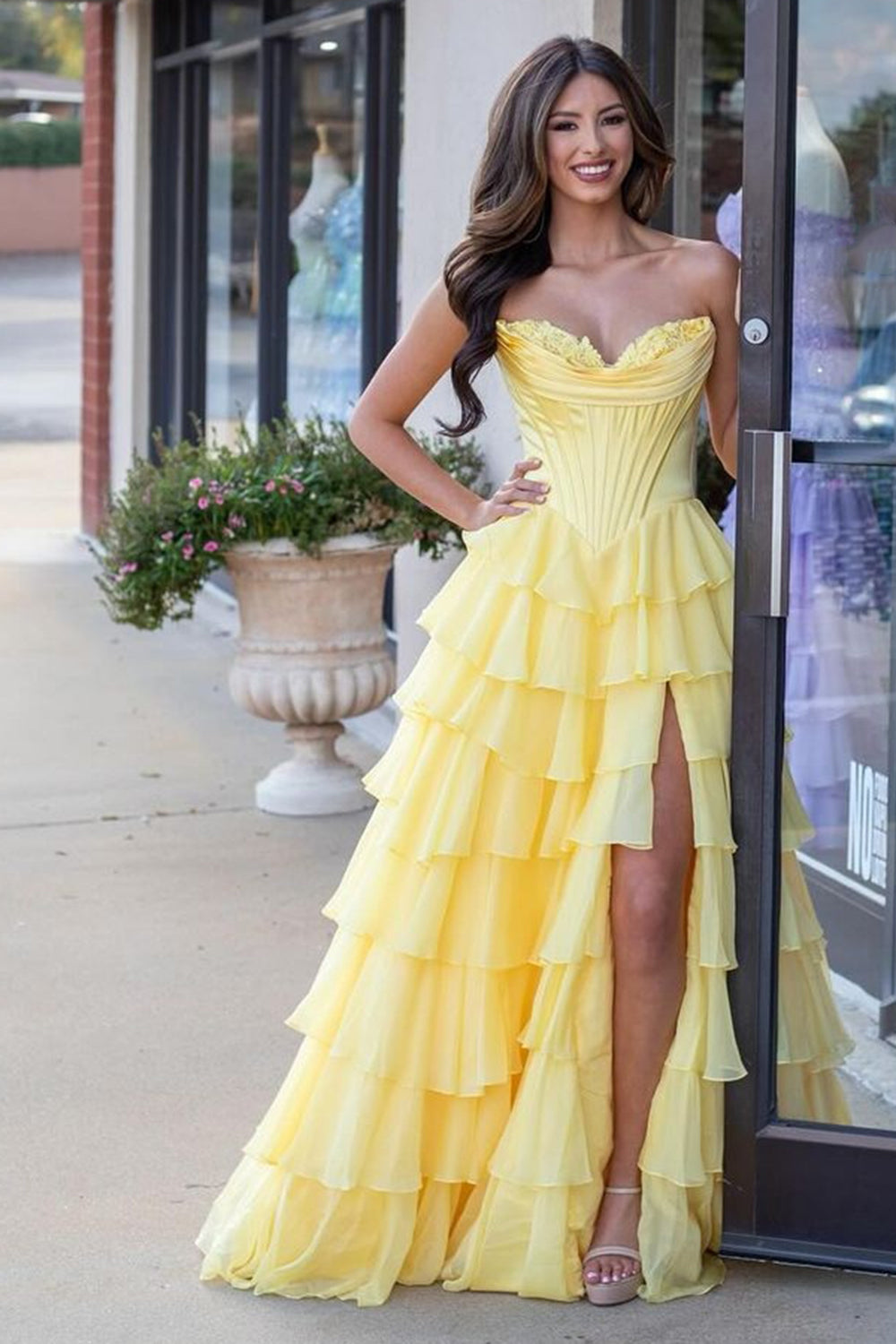 Blue A-Line Sweetheart Chiffon Ruffled Long Corset Prom Dress with Slit