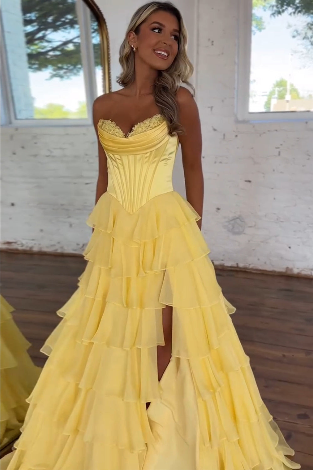 Blue A-Line Sweetheart Chiffon Ruffled Long Corset Prom Dress with Slit