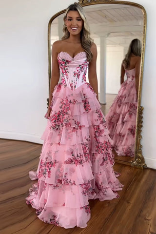 Blush Sweetheart A-Line Chiffon Floral Ruffled Long Corset Prom Dress with Slit