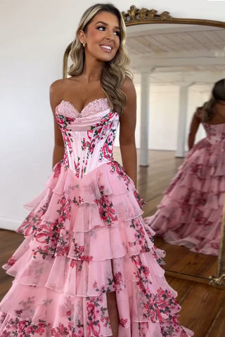 Blush Sweetheart A-Line Chiffon Floral Ruffled Long Corset Prom Dress with Slit