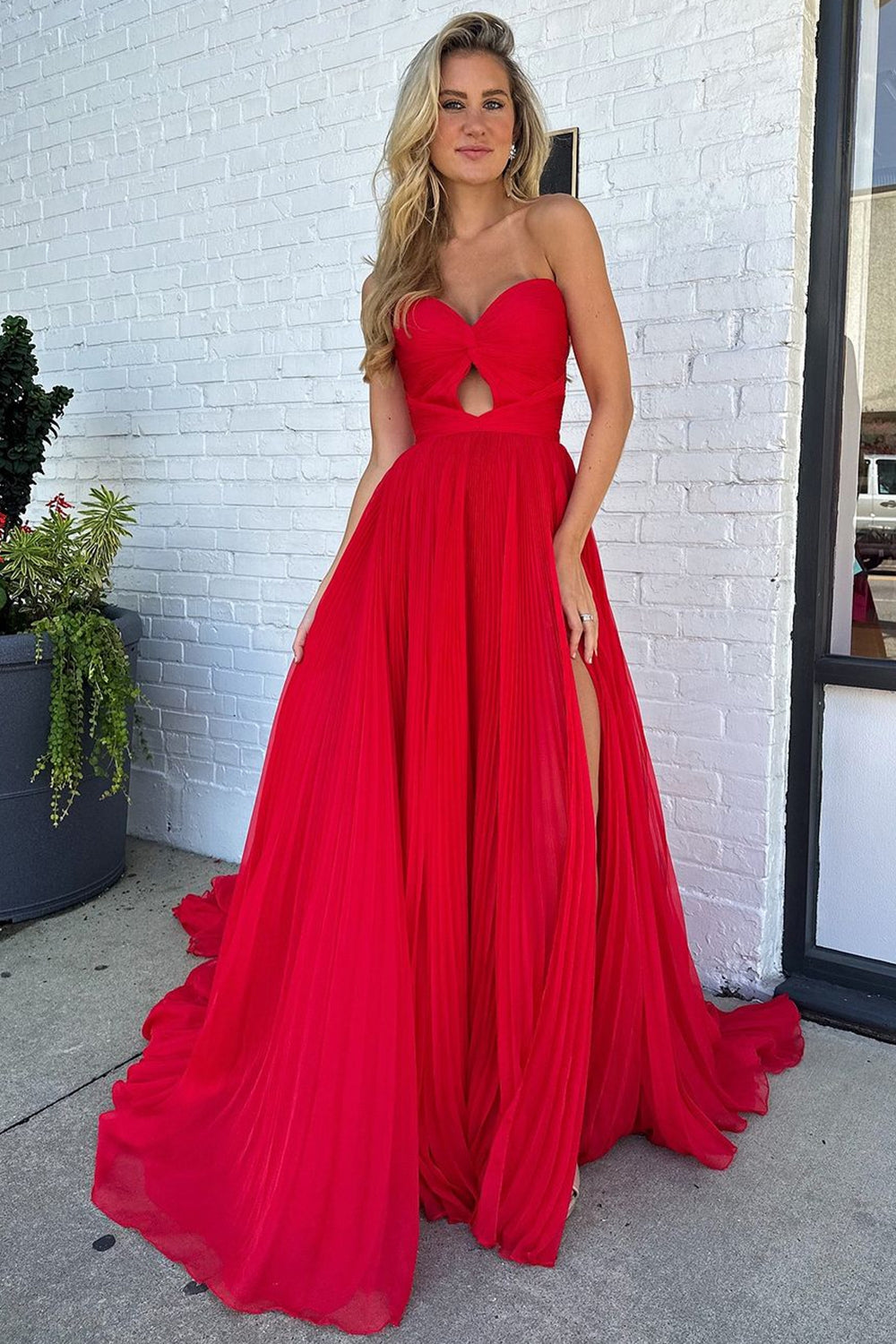 Trendy Red Sweetheart A-Line Chiffon Pleated Long Prom Dress with Slit