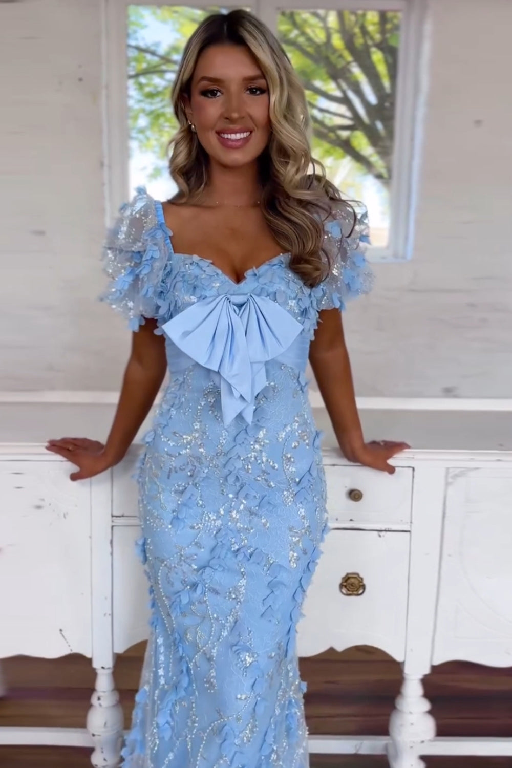 Sparkly Blue Puff Sleeves Sequins Mermaid Long Corset Prom Dress with 3D Flowers Appliques
