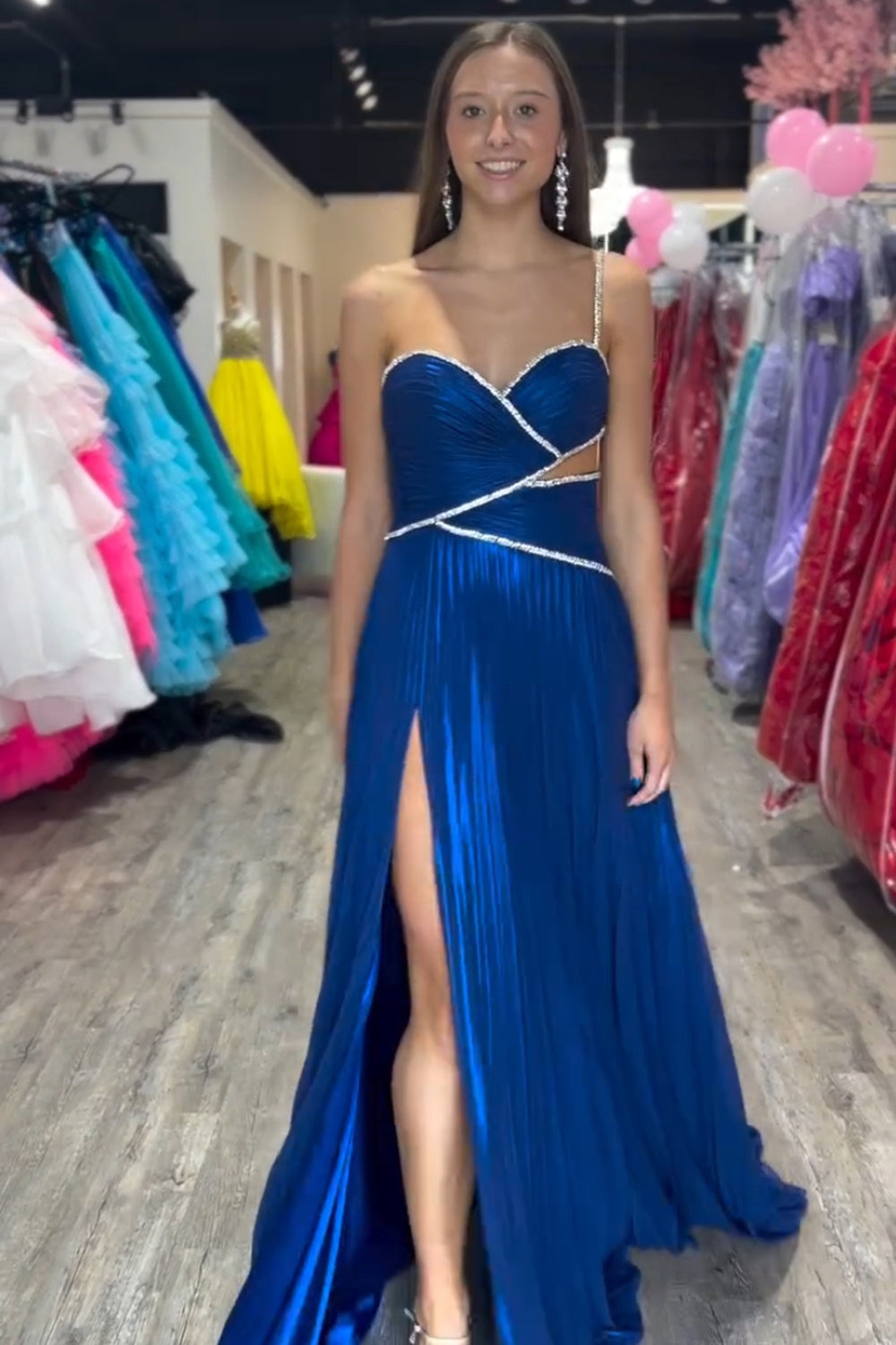 Royal Blue One Shoulder A-Line Metallic Pleated Cut-out Long Prom Dress with Slit